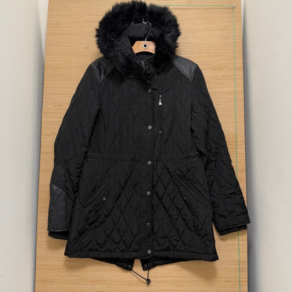 Lauren‎ Ralph Lauren Black Quilted Parka Faux Fur Hood Faux Leather Trim Medium